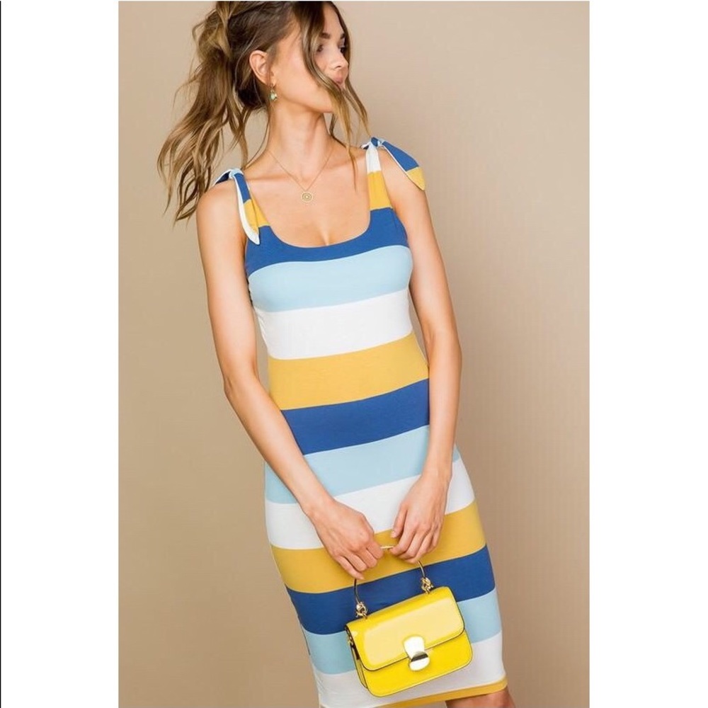 Blue Tie Shoulder Multi Color Stripe Dress - Picture 4 of 7